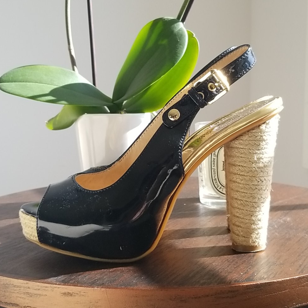 Michael Kors Black Patent Peep Toe With Jute Heels